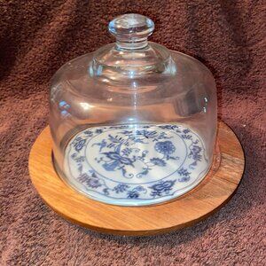 Vintage Blue Danube Onion Japan Glass Dome Cheese Plate Wood Base